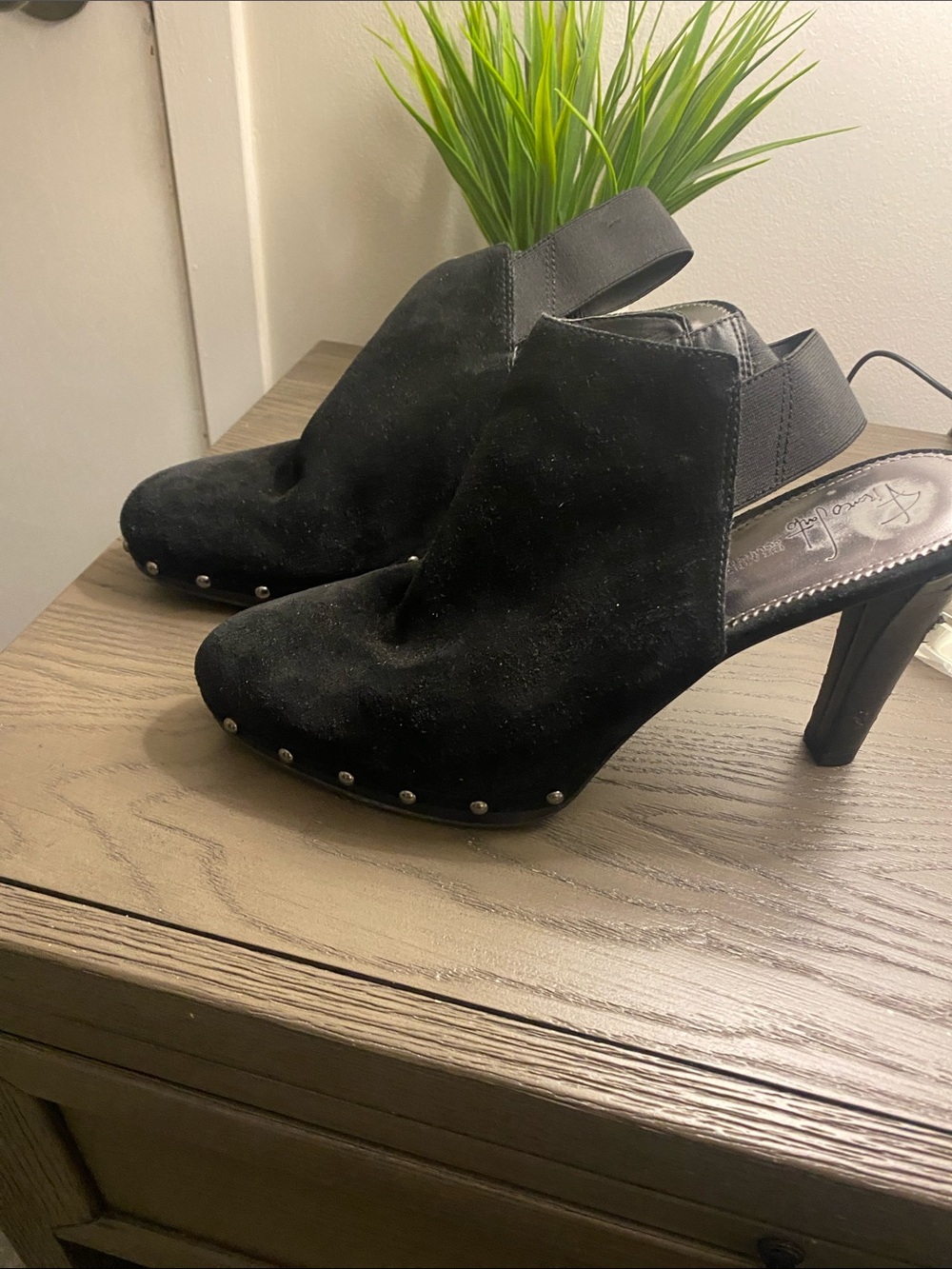 Franco Sarto Black Suede Studded Mule Heels Size 8.5